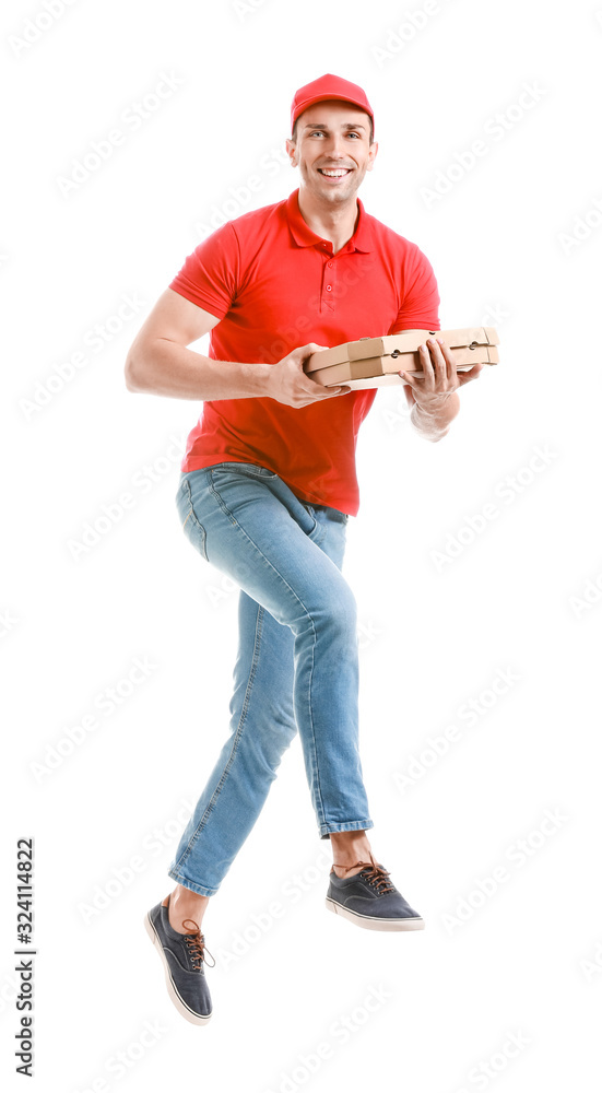 Jumping delivery man with pizza on white background