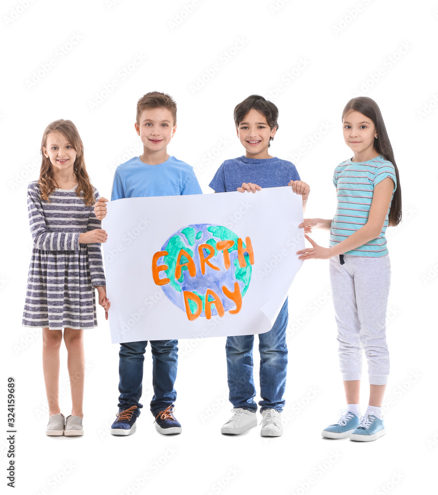 Little children with drawing on white background. Earth Day celebration