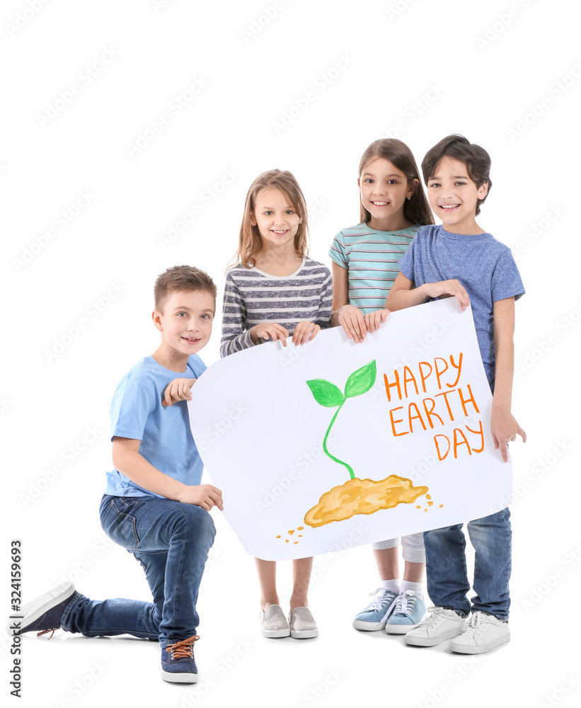 Little children with drawing on white background. Earth Day celebration