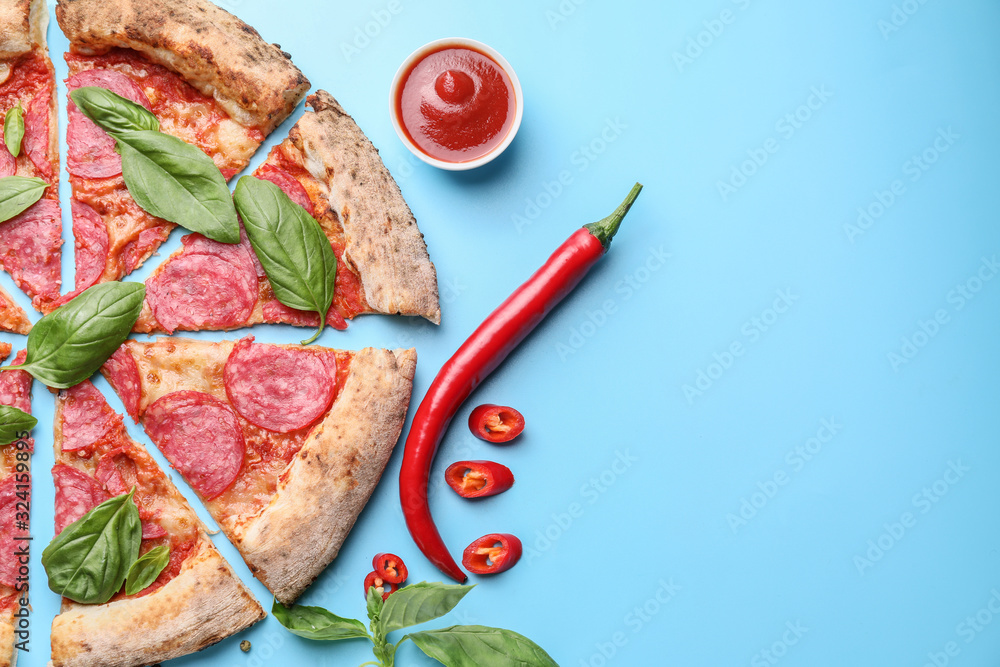 Tasty pizza on color background