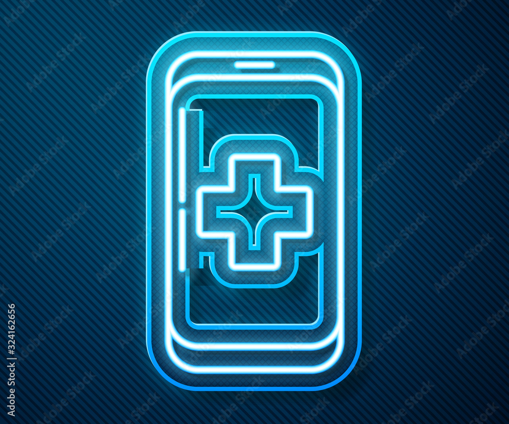 Glowing neon line Emergency mobile phone call to hospital icon isolated on blue background. Vector I