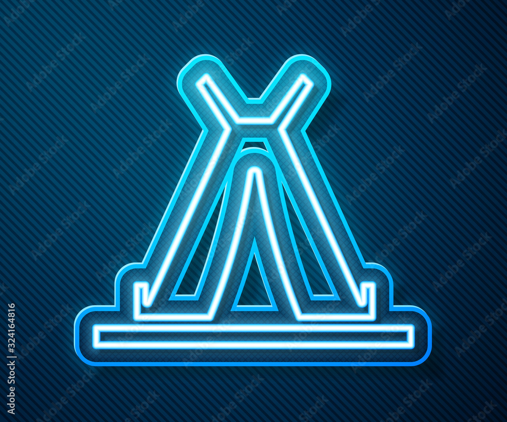 Glowing neon line Traditional indian teepee or wigwam icon isolated on blue background. Indian tent.