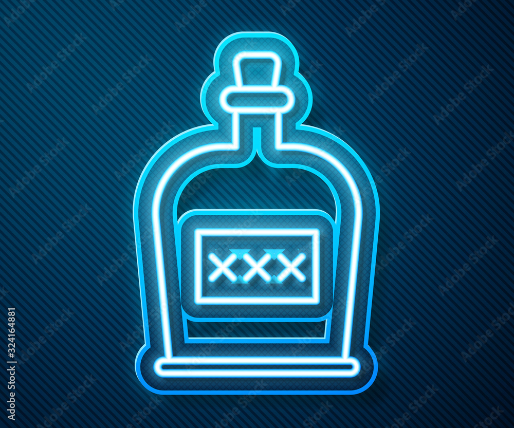 Glowing neon line Alcohol drink Rum bottle icon isolated on blue background. Vector Illustration