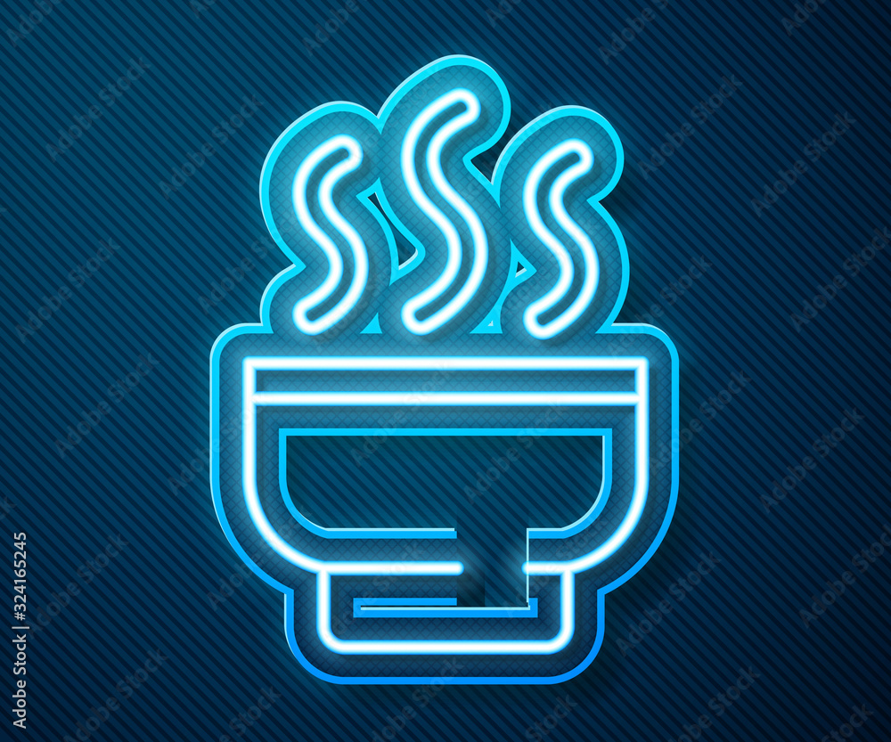 Glowing neon line Traditional Chinese tea ceremony icon isolated on blue background. Teapot with cup