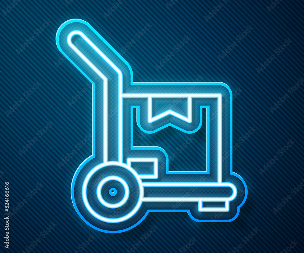 Glowing neon line Hand truck and boxes icon isolated on blue background. Dolly symbol. Vector Illust