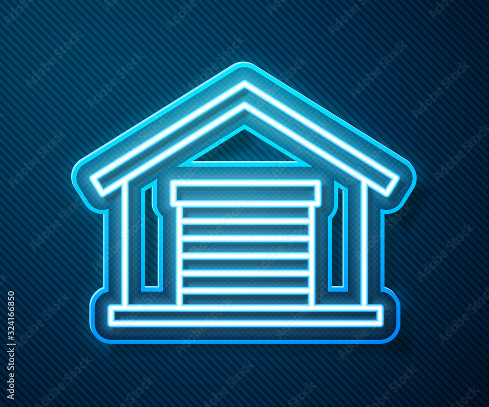 Glowing neon line Warehouse icon isolated on blue background. Vector Illustration