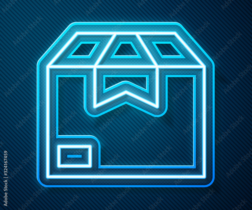 Glowing neon line Carton cardboard box icon isolated on blue background. Box, package, parcel sign. 