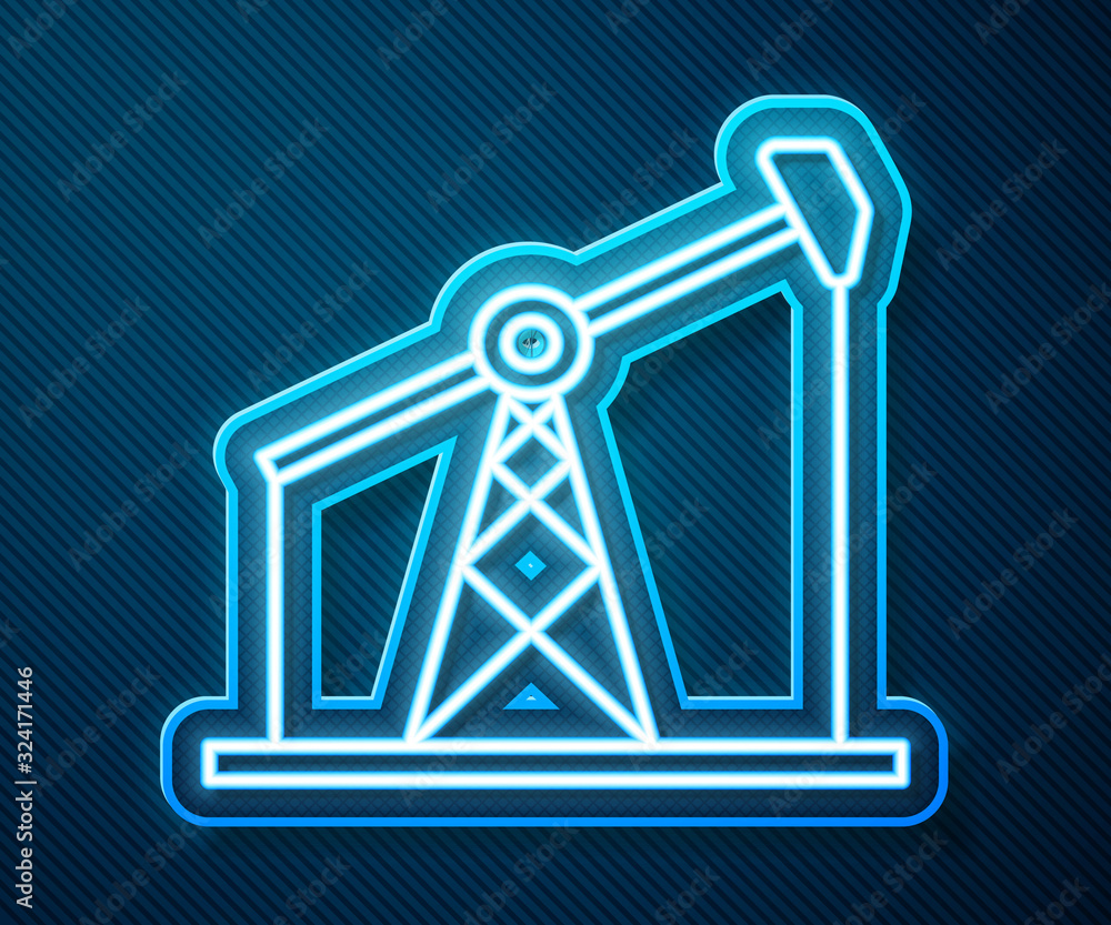 Glowing neon line Oil pump or pump jack icon isolated on blue background. Oil rig. Vector Illustrati