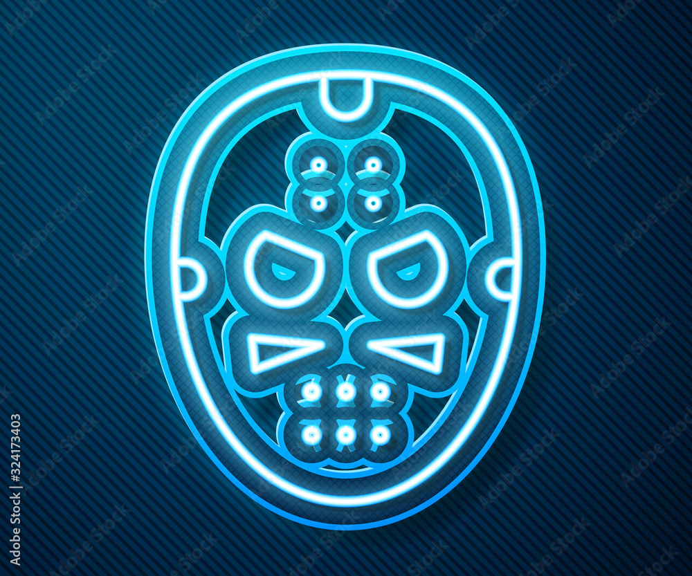 Glowing neon line Hockey mask icon isolated on blue background. Vector Illustration