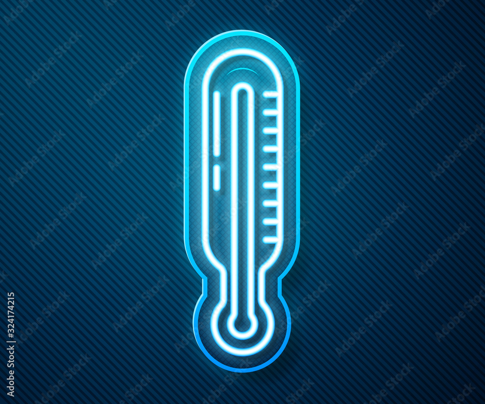 Glowing neon line Meteorology thermometer measuring icon isolated on blue background. Thermometer eq