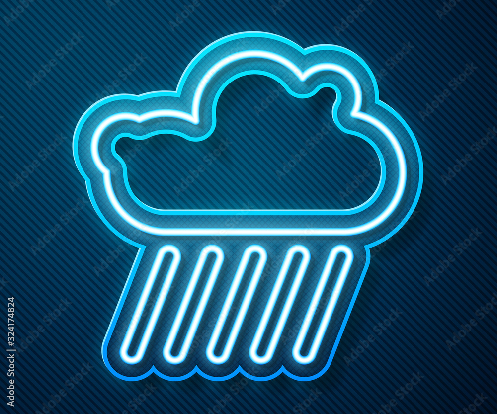 Glowing neon line Cloud with rain icon isolated on blue background. Rain cloud precipitation with ra