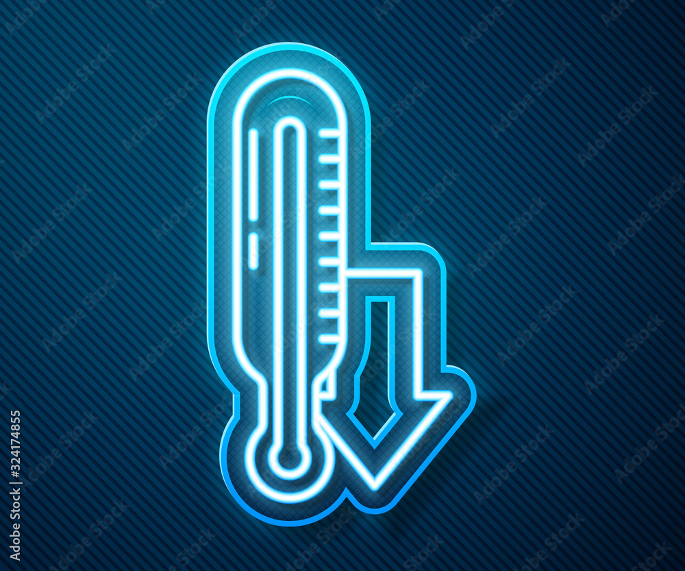 Glowing neon line Meteorology thermometer measuring icon isolated on blue background. Thermometer eq