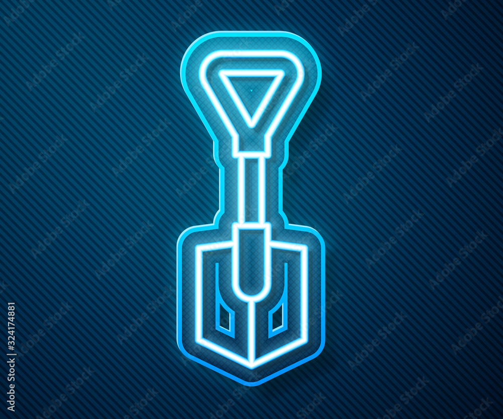 Glowing neon line Shovel icon isolated on blue background. Gardening tool. Tool for horticulture, ag