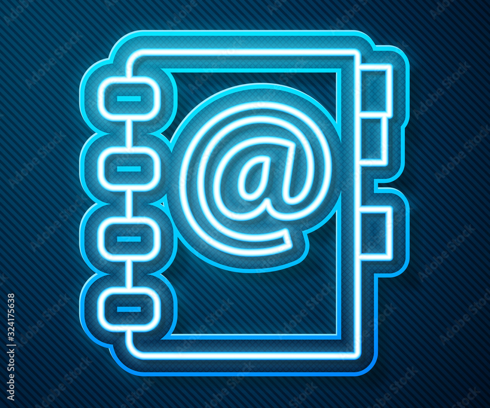 Glowing neon line Address book icon isolated on blue background. Notebook, address, contact, directo