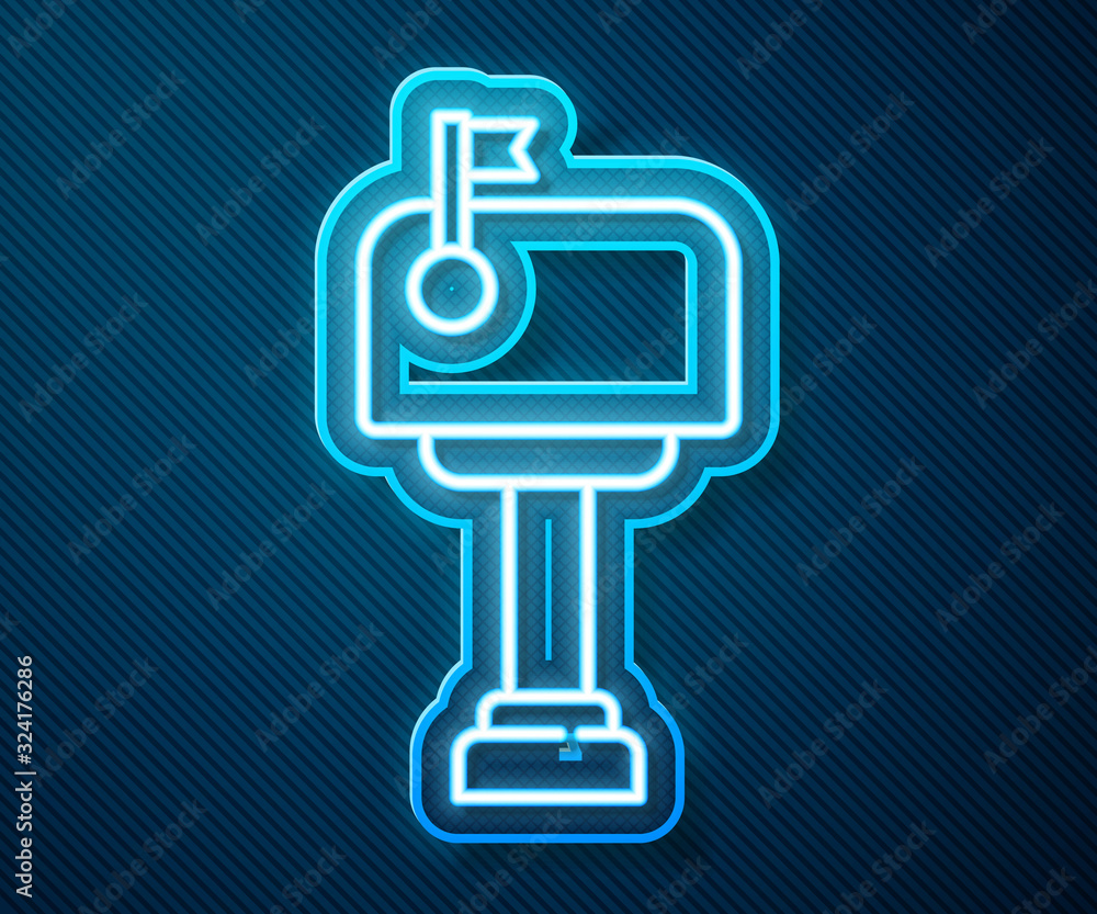 Glowing neon line Mail box icon isolated on blue background. Mailbox icon. Mail postbox on pole with