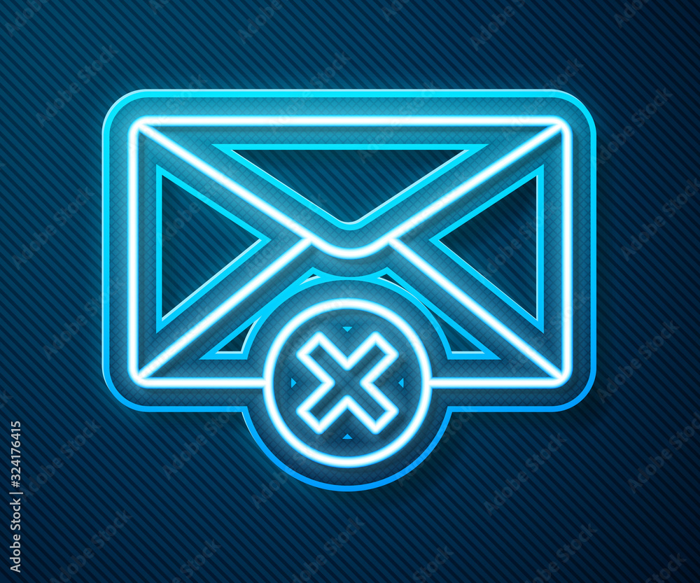 Glowing neon line Delete envelope icon isolated on blue background. Delete or error letter. Cross on