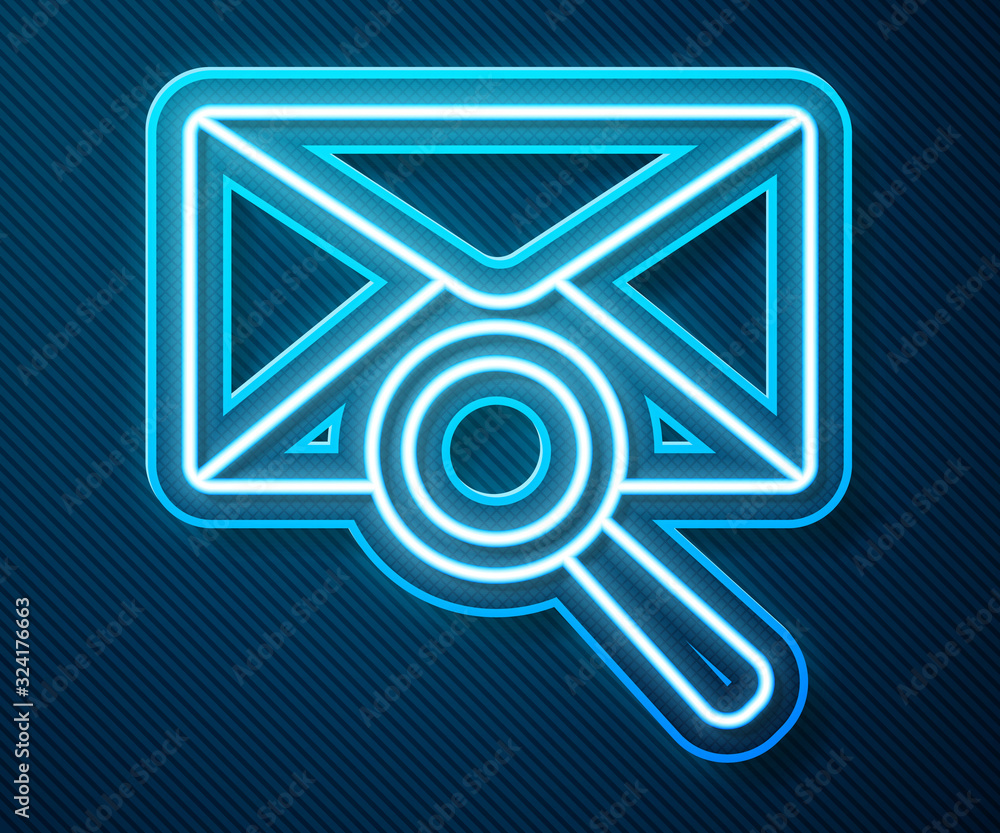 Glowing neon line Envelope mail with magnifying glass icon isolated on blue background. Vector Illus