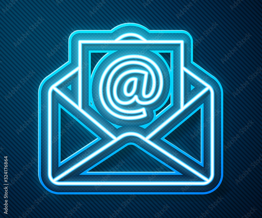 Glowing neon line Mail and e-mail icon isolated on blue background. Envelope symbol e-mail. Email me