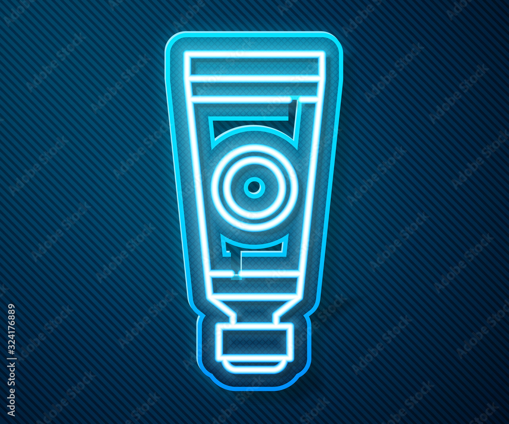 Glowing neon line Tube with paint palette icon isolated on blue background. Vector Illustration