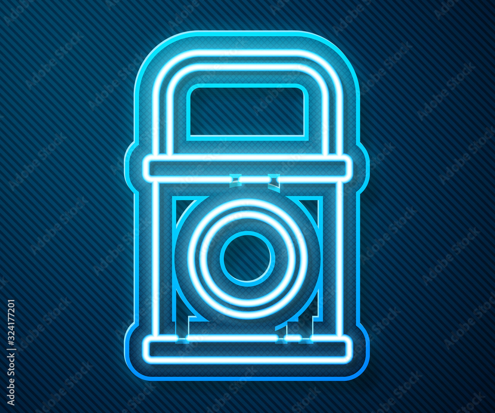 Glowing neon line Paint bucket icon isolated on blue background. Vector Illustration