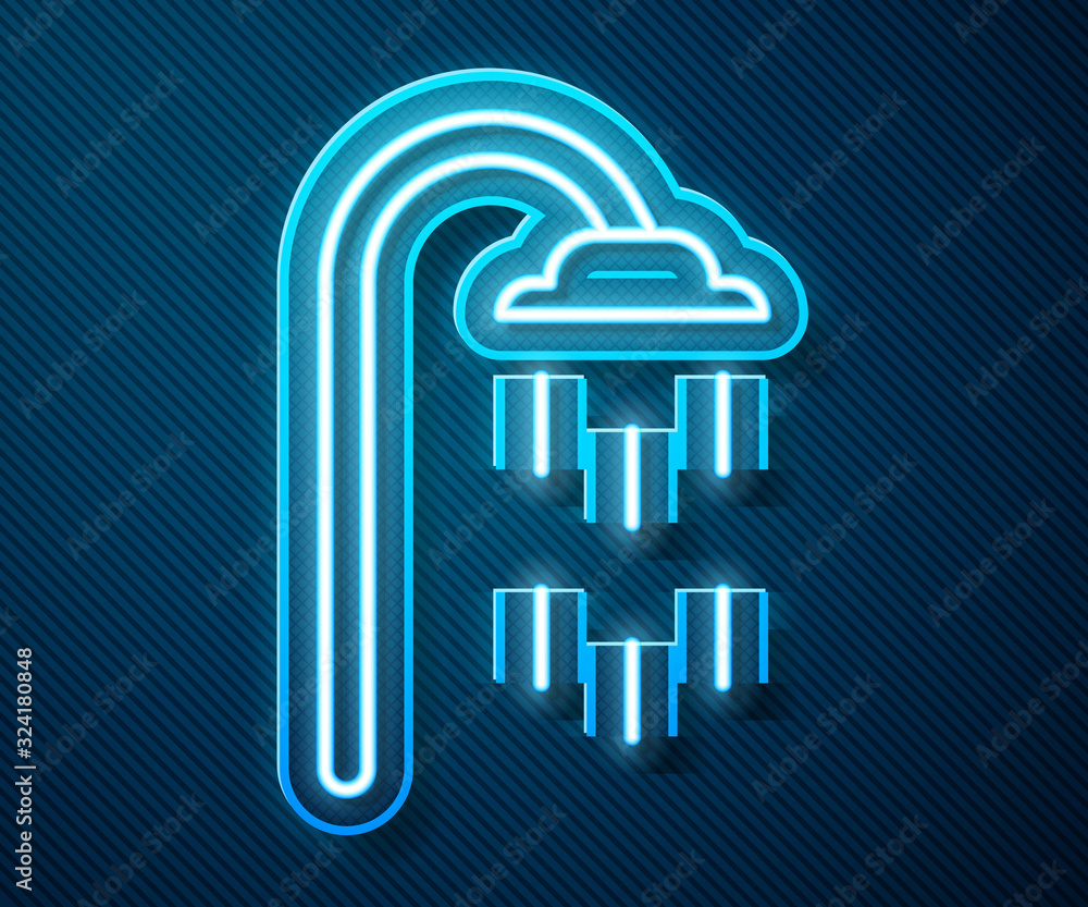 Glowing neon line Shower head with water drops flowing icon isolated on blue background. Vector Illu