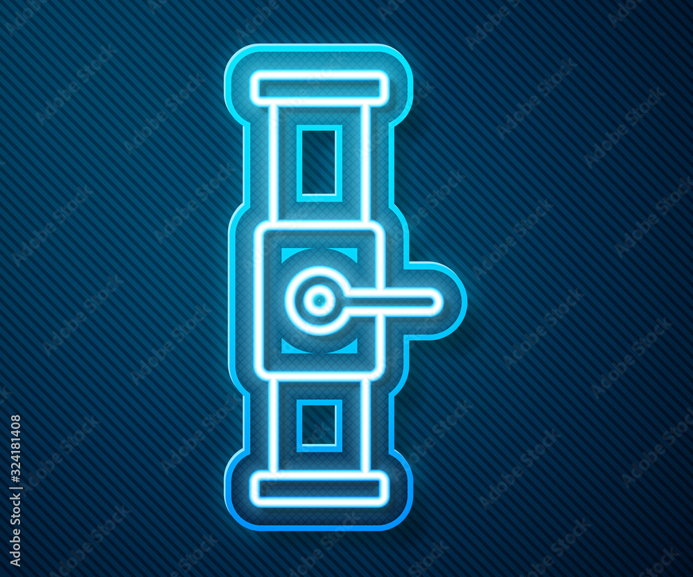 Glowing neon line Industry metallic pipe and valve icon isolated on blue background. Vector Illustra