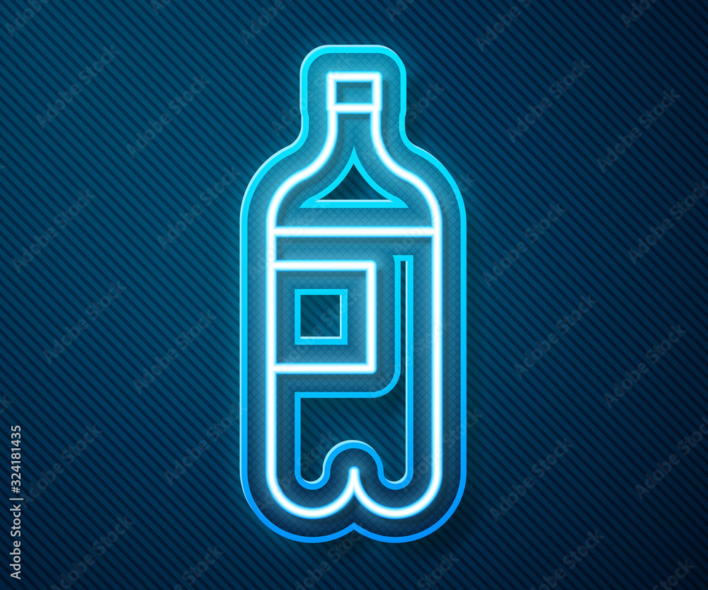 Glowing neon line Bottle of water icon isolated on blue background. Soda aqua drink sign. Vector Ill