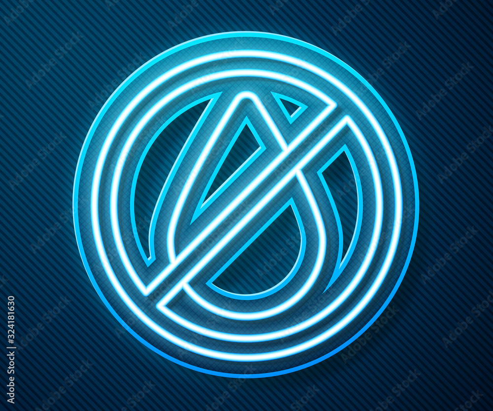 Glowing neon line Water drop forbidden icon isolated on blue background. No water sign. Vector Illus