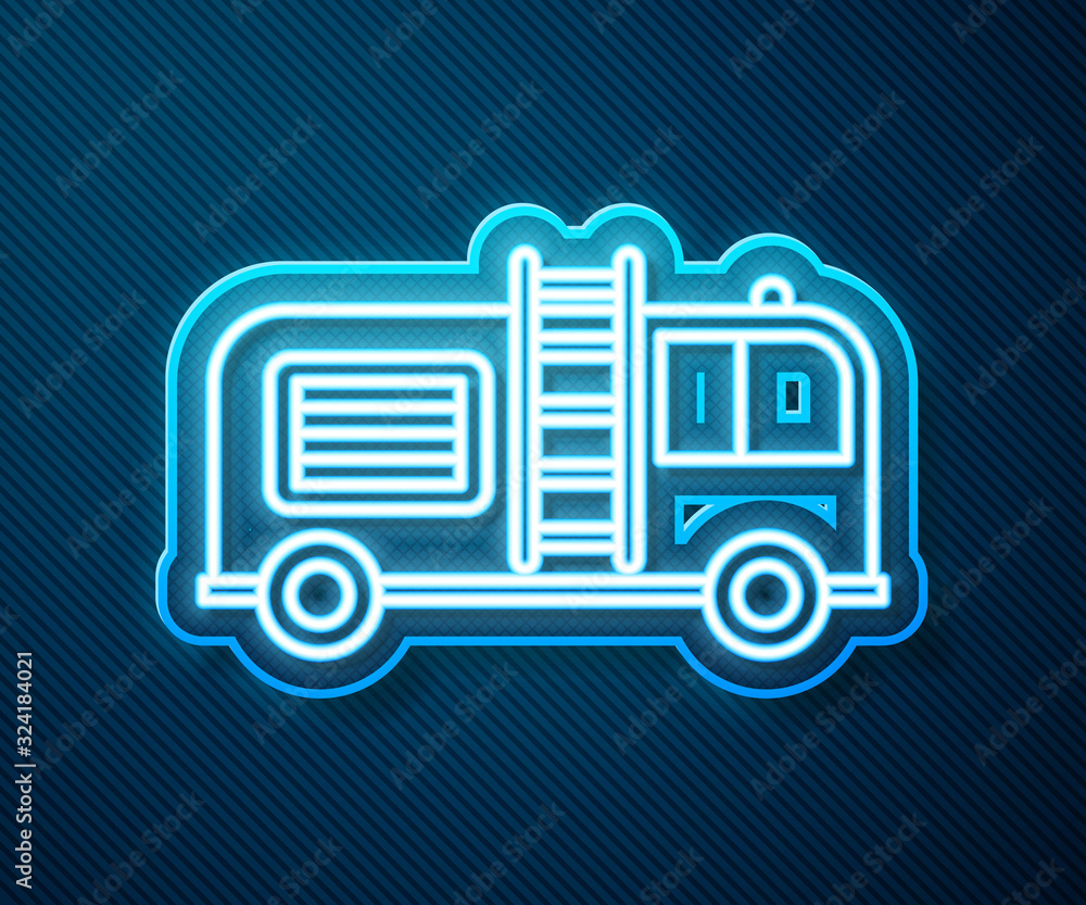 Glowing neon line Fire truck icon isolated on blue background. Fire engine. Firefighters emergency v