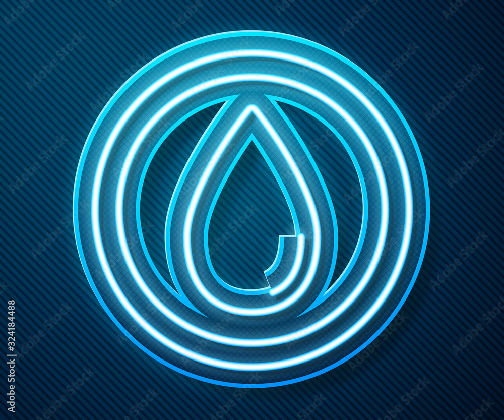 Glowing neon line Water drop icon isolated on blue background. Vector Illustration