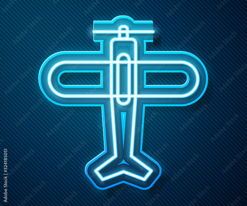 Glowing neon line Plane icon isolated on blue background. Flying airplane icon. Airliner sign. Vecto