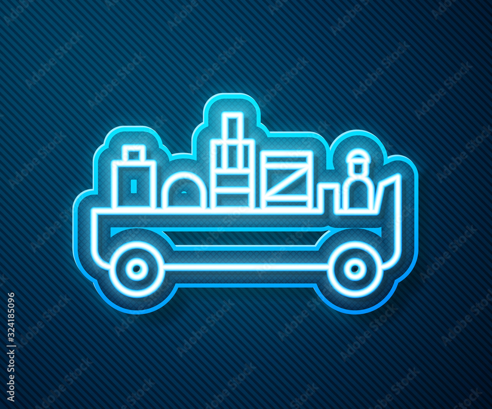 Glowing neon line Airport luggage towing truck icon isolated on blue background. Airport luggage del