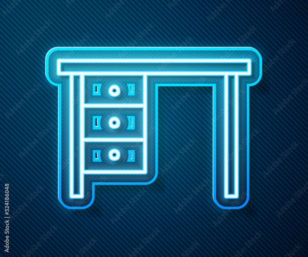 Glowing neon line Office desk icon isolated on blue background. Vector Illustration