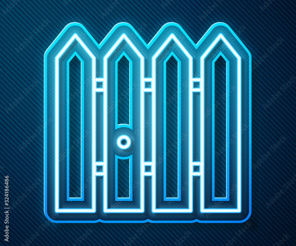 Glowing neon line Garden fence wooden icon isolated on blue background. Vector Illustration