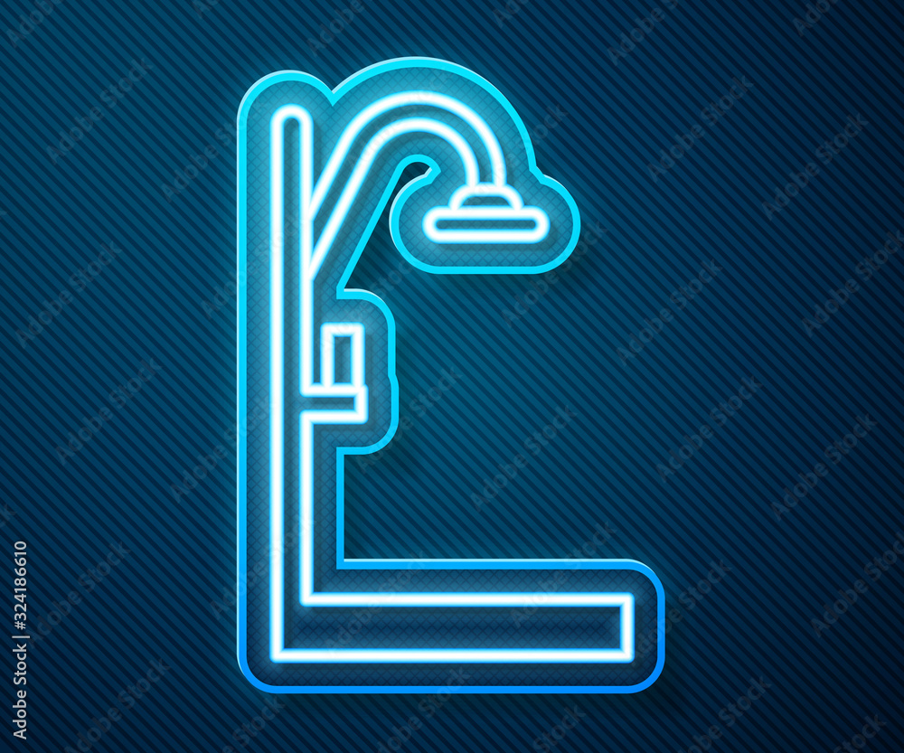 Glowing neon line Shower icon isolated on blue background. Vector Illustration