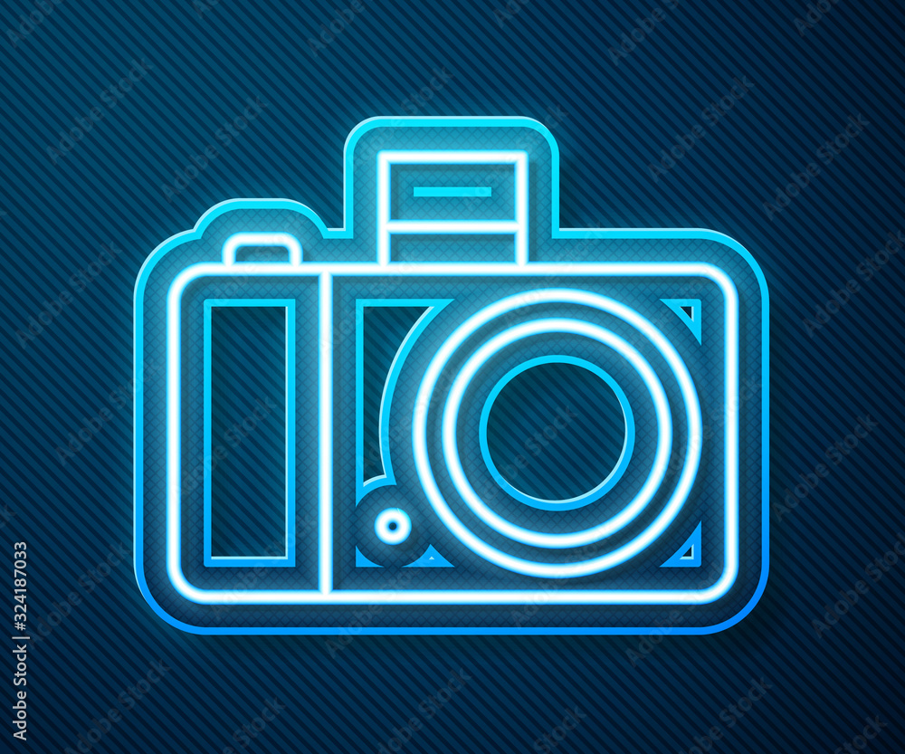 Glowing neon line Photo camera icon isolated on blue background. Foto camera icon. Vector Illustrati