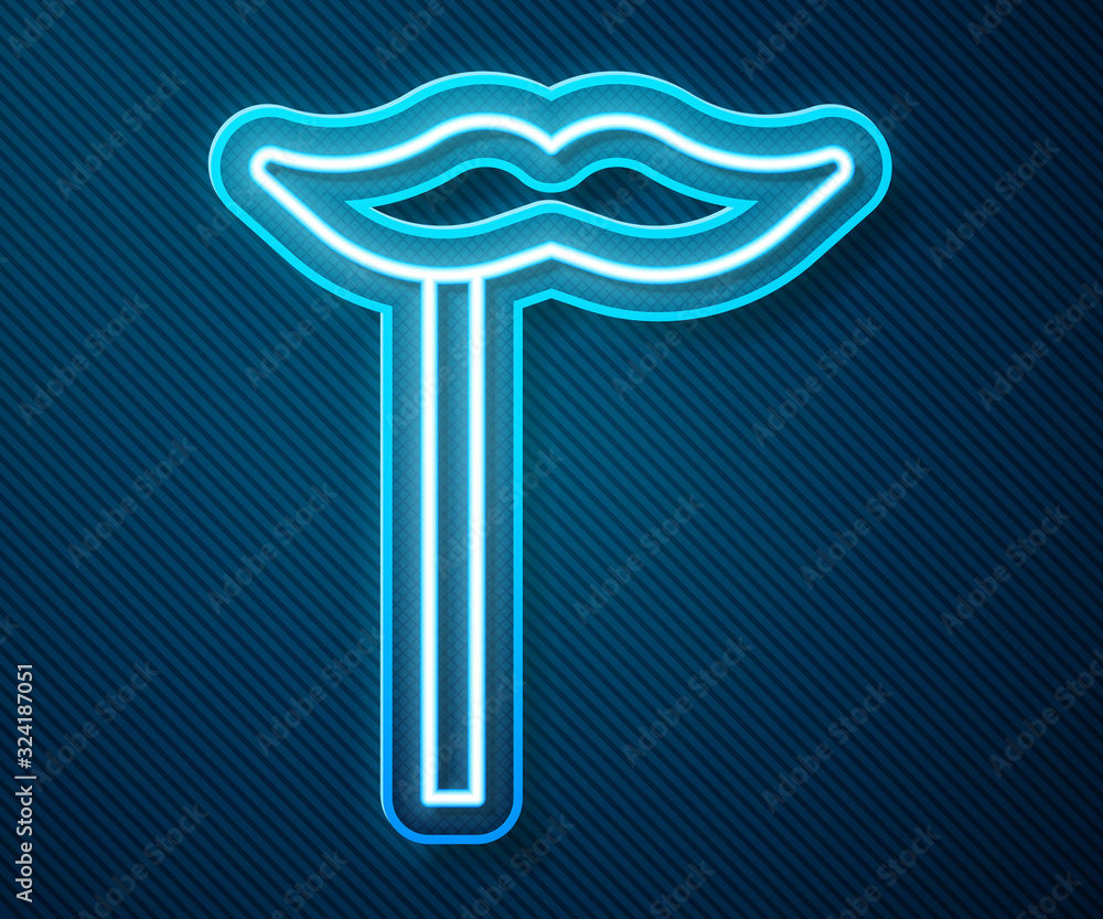 Glowing neon line Paper mustache on stick icon isolated on blue background. Concept with cardboard c