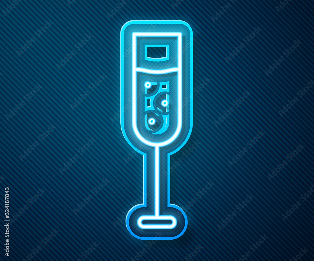 Glowing neon line Glass of champagne icon isolated on blue background. Vector Illustration