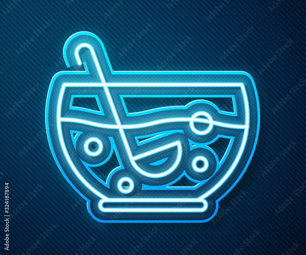 Glowing neon line Mixed punch with fresh fruits in bowl icon isolated on blue background. Vector Ill