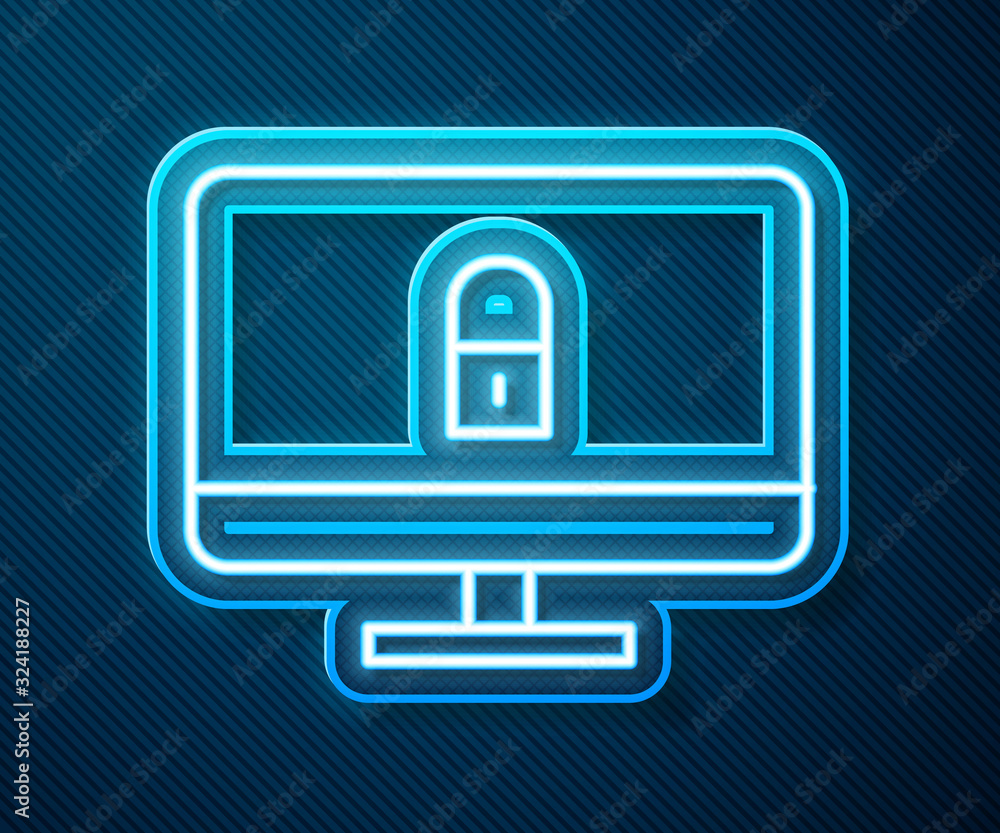 Glowing neon line Lock on computer monitor screen icon isolated on blue background. Security, safety