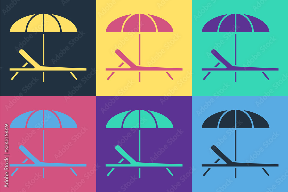 Pop art Sunbed icon isolated on color background. Beach umbrella and Sun lounger. Vector Illustratio