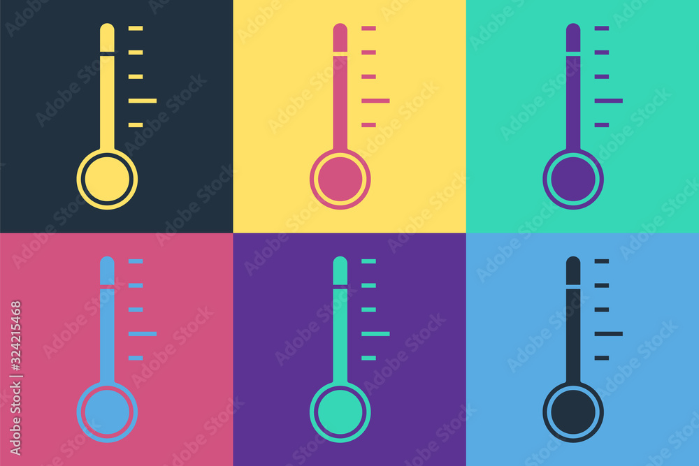 流行艺术气象温度计测量图标隔离在彩色背景上。温度计设备