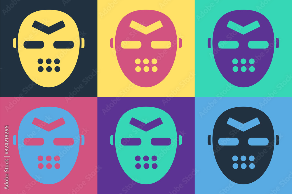 Pop art Hockey mask icon isolated on color background. Vector Illustration