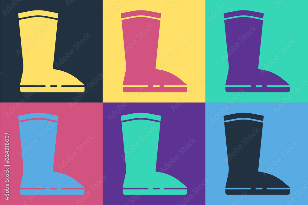 Pop art Waterproof rubber boot icon isolated on color background. Gumboots for rainy weather, fishin