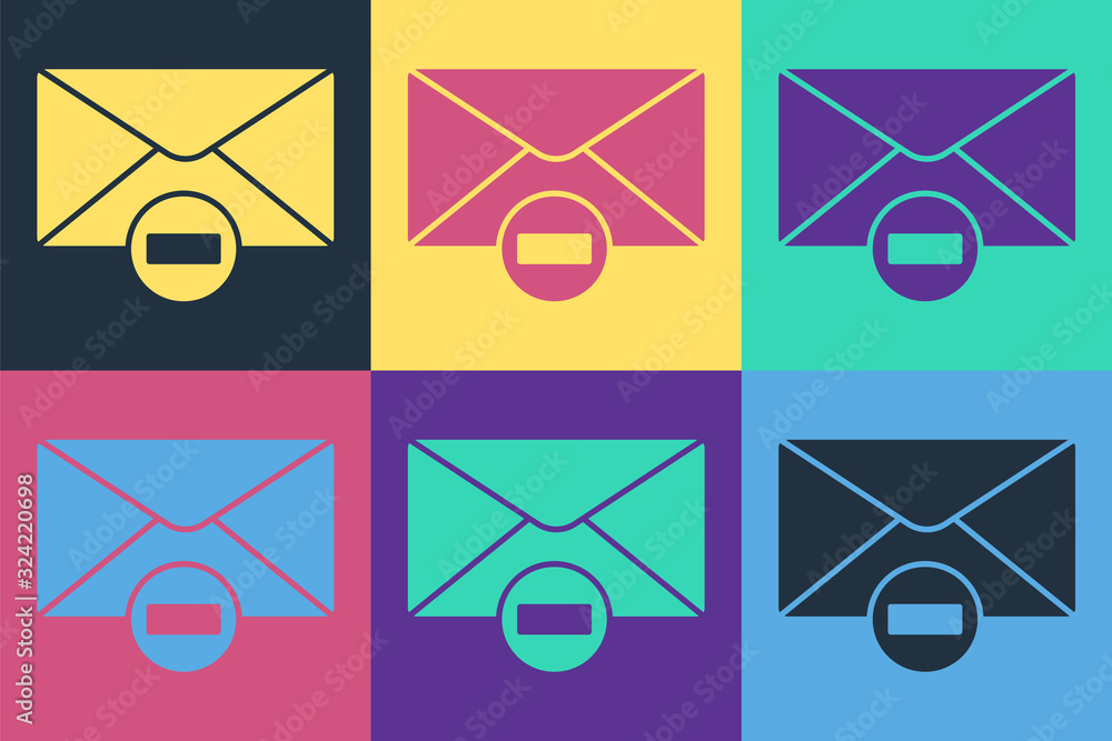 Pop art Delete envelope icon isolated on color background. Delete or error letter. Cross on message.