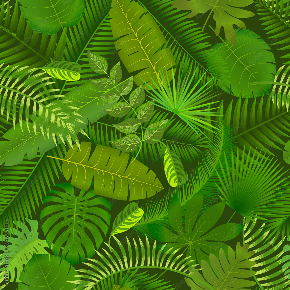 Fashionable seamless tropical pattern design with bright green plants and leaves on dark background.