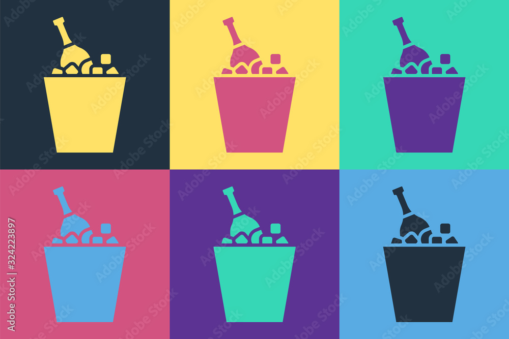 Pop art Bottle of champagne in an ice bucket icon isolated on color background. Vector Illustration