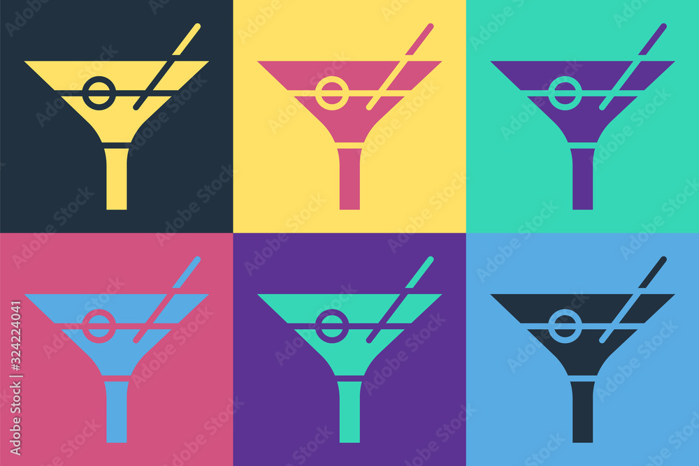 Pop art Martini glass icon isolated on color background. Cocktail icon. Wine glass icon. Vector Illu