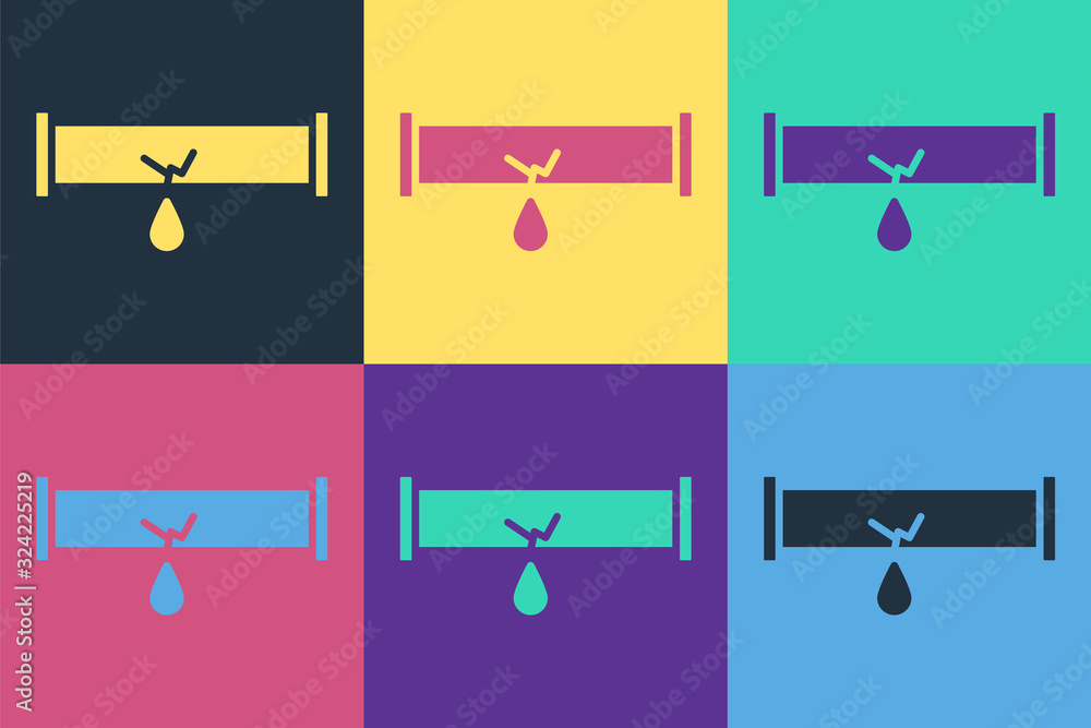 Pop art Broken metal pipe with leaking water icon isolated on color background. Vector Illustration