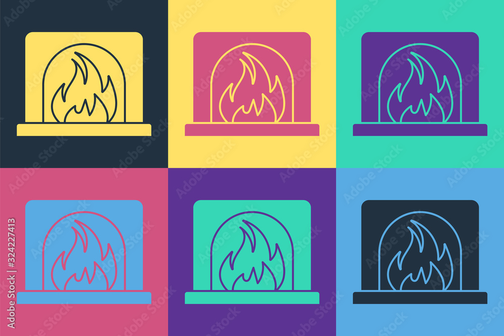 Pop art Interior fireplace icon isolated on color background. Vector Illustration